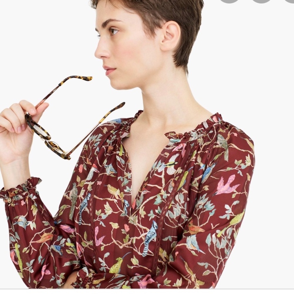 J. Crew Ruffle Neck Bird Printed Popover Shirt